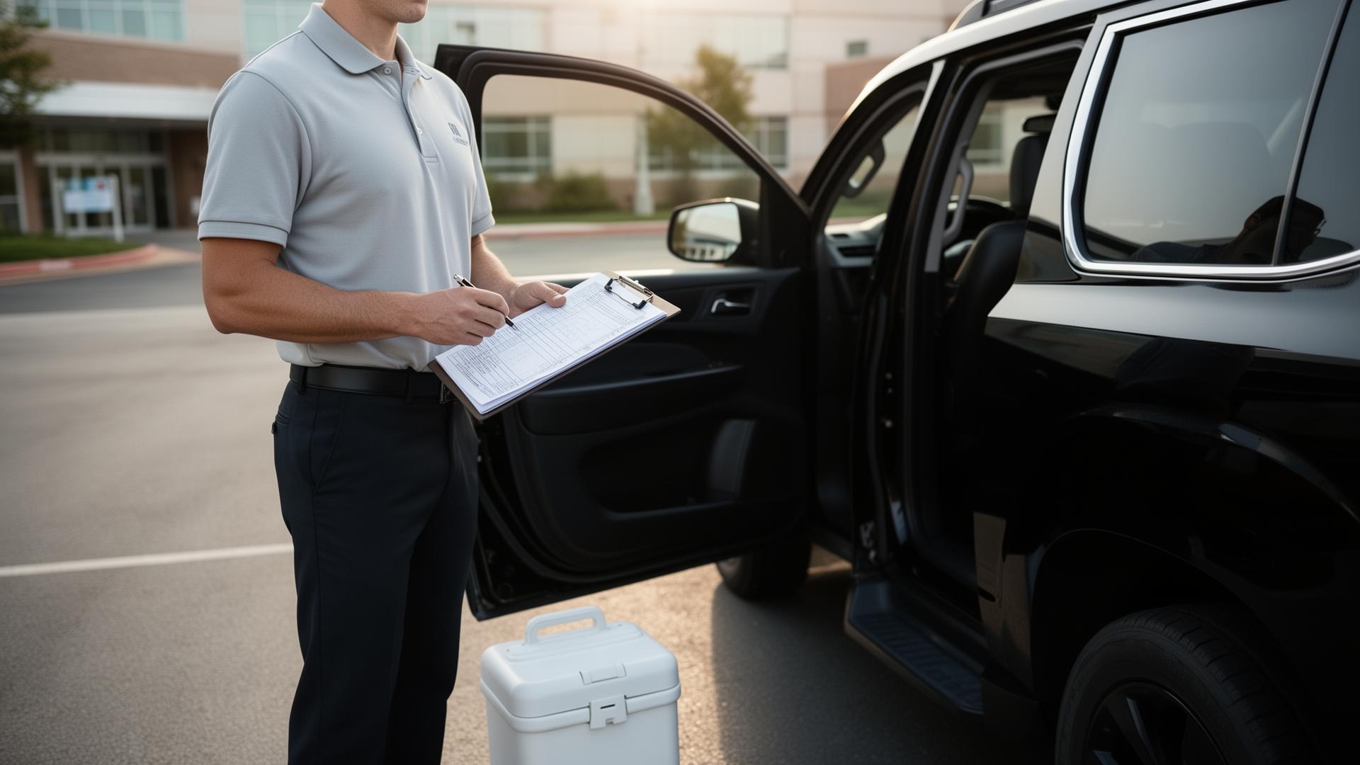 Uniformed courier with manifest beside a black SUV at a medical facility